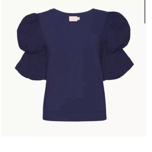 Nation Tops - Nation Teddi Blue V Neck Sweatshirt Poplin Tiered Puff Sleeve Top M